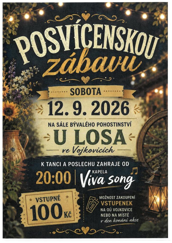 Posvícenská zábava 12.9.2026 od 20 hodin na sále  ve Vojkovicích